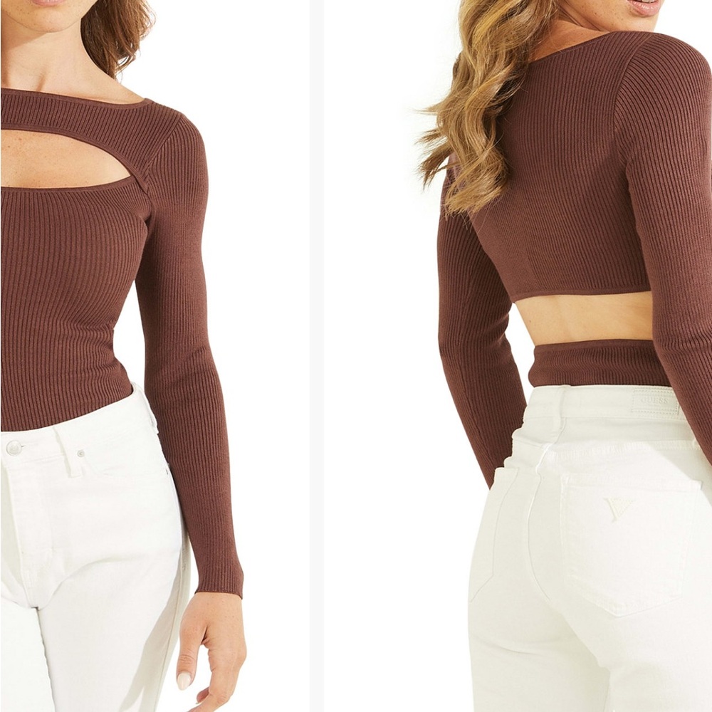Brown Ribbed Cutout Long Sleeve Top